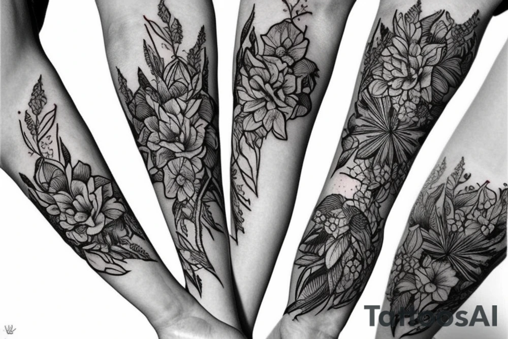 long Florals with different types of fine vines tattoo idea