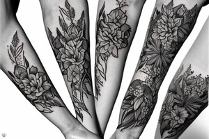 long Florals with different types of fine vines tattoo idea