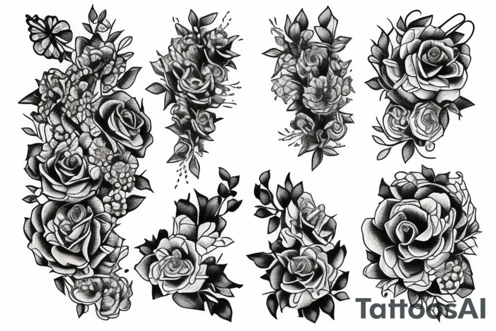 long Florals with different types of fine vines tattoo idea