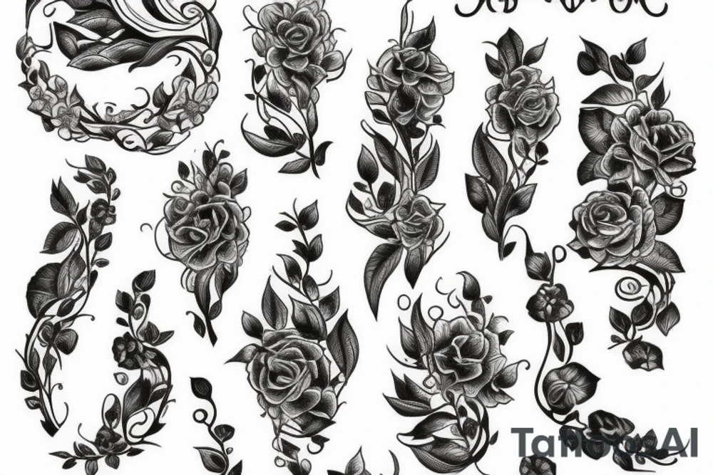 long Florals with different types of fine vines tattoo idea