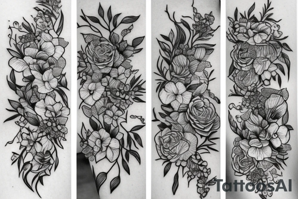 long Florals with different types of fine vines tattoo idea