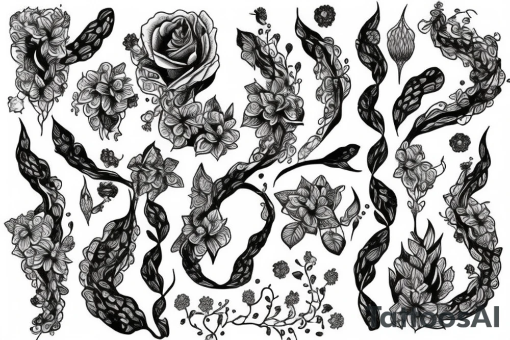 long Florals with different types of fine vines tattoo idea