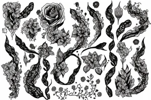 long Florals with different types of fine vines tattoo idea