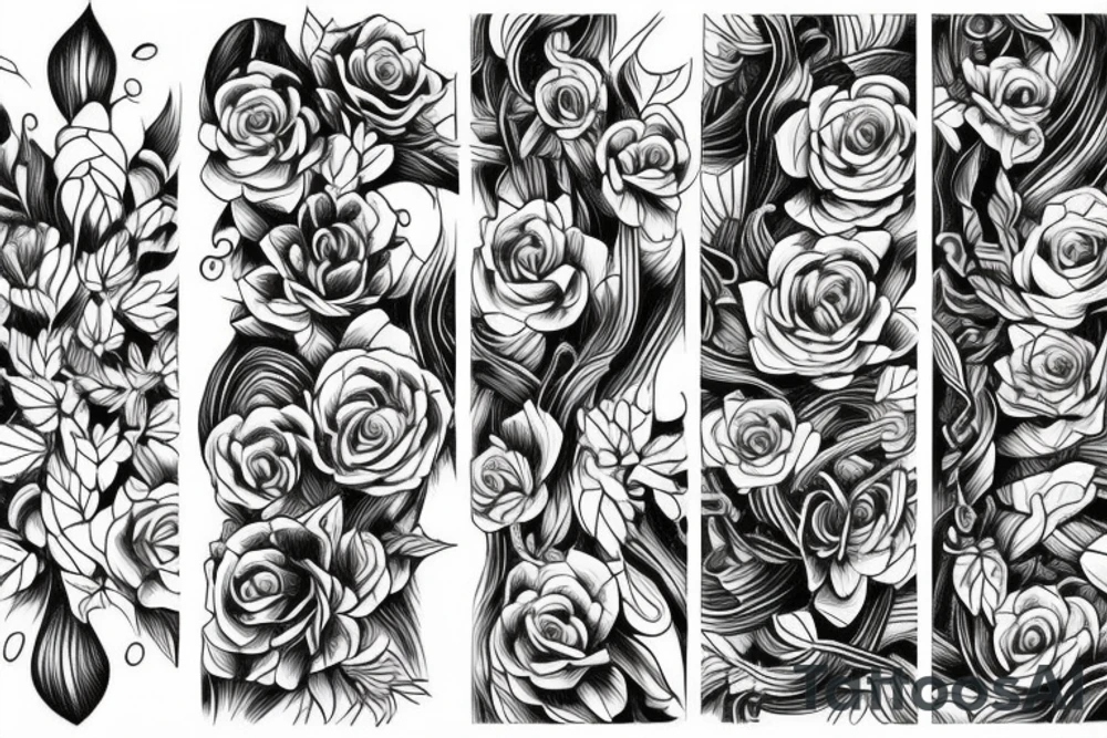 long Florals with different types of fine vines tattoo idea