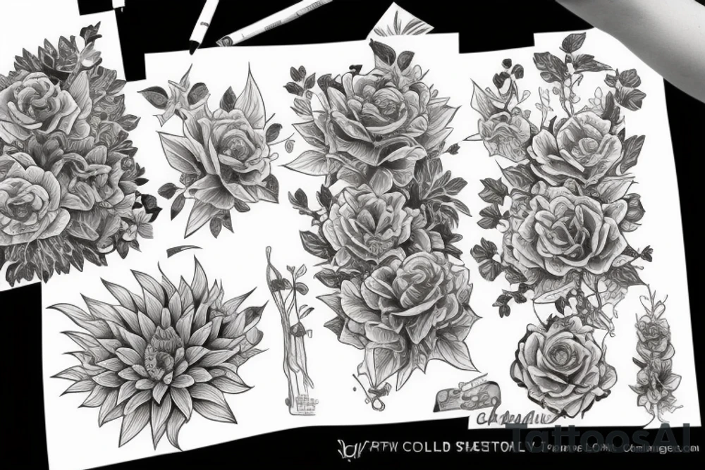 long Florals with different types of fine vines tattoo idea