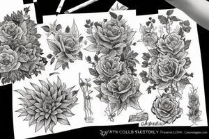 long Florals with different types of fine vines tattoo idea