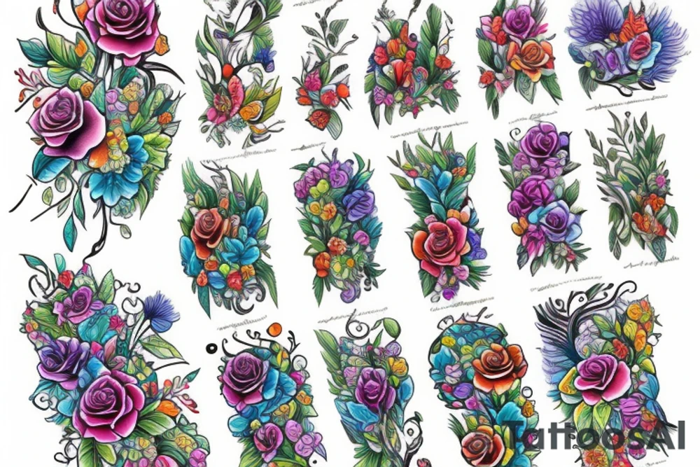 long Florals with different types of fine vines rainbow tattoo idea