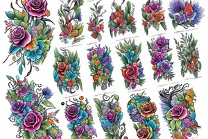 long Florals with different types of fine vines rainbow tattoo idea