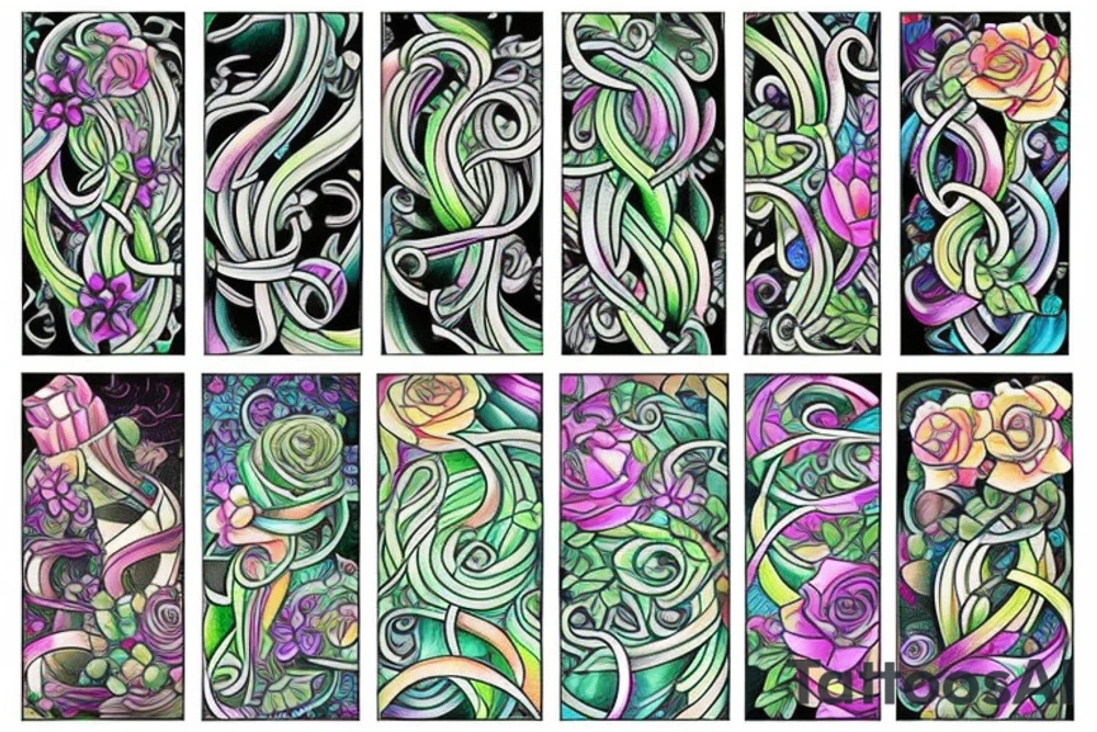 long Florals with different types of fine vines rainbow tattoo idea