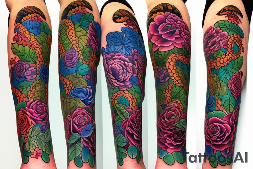 long Florals with different types of fine vines rainbow tattoo idea