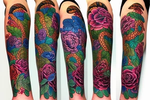 long Florals with different types of fine vines rainbow tattoo idea