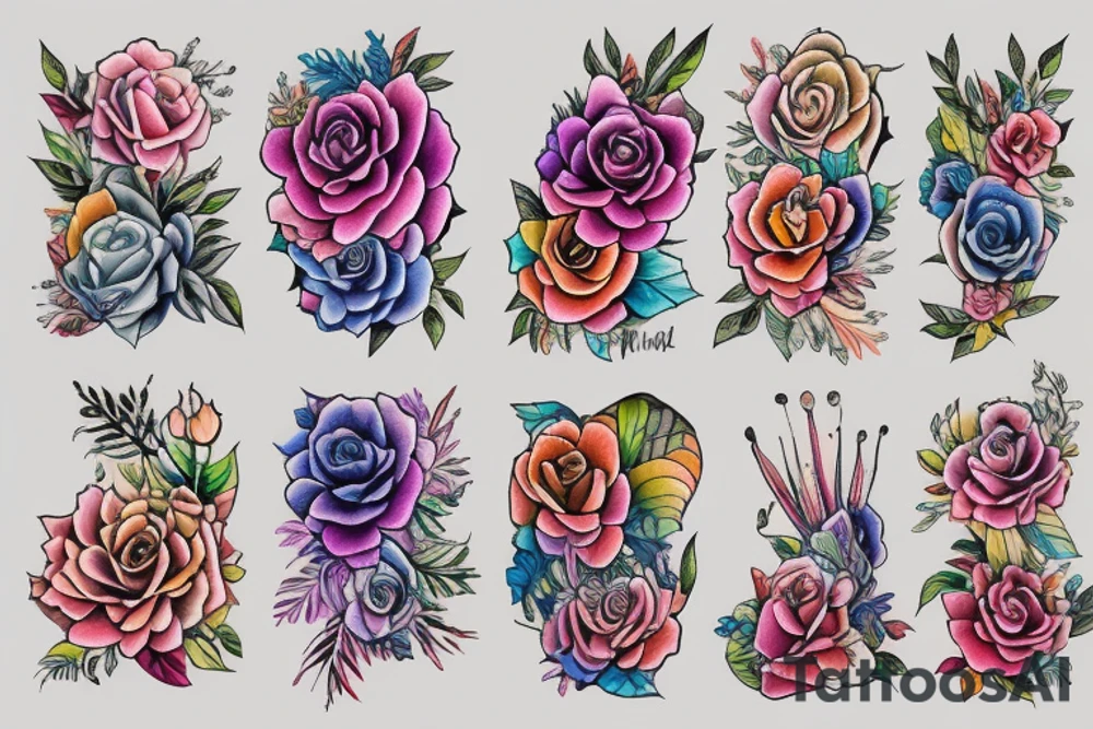 long Florals with different types of fine vines rainbow tattoo idea