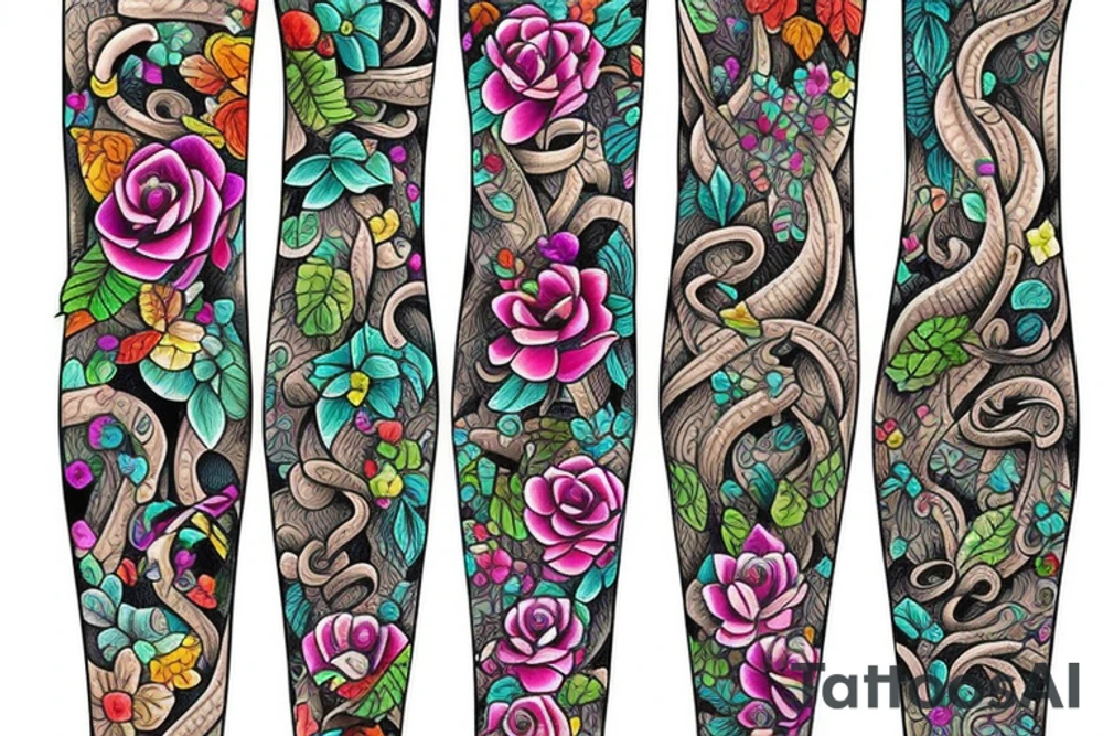 long Florals with different types of fine vines rainbow tattoo idea
