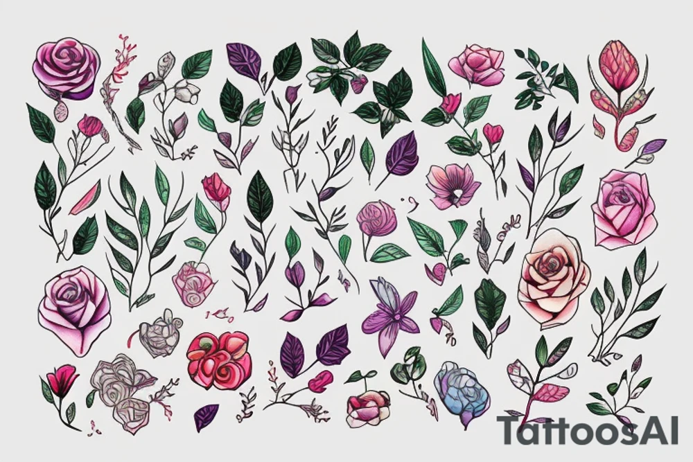 long Florals with different types of fine vines rainbow tattoo idea