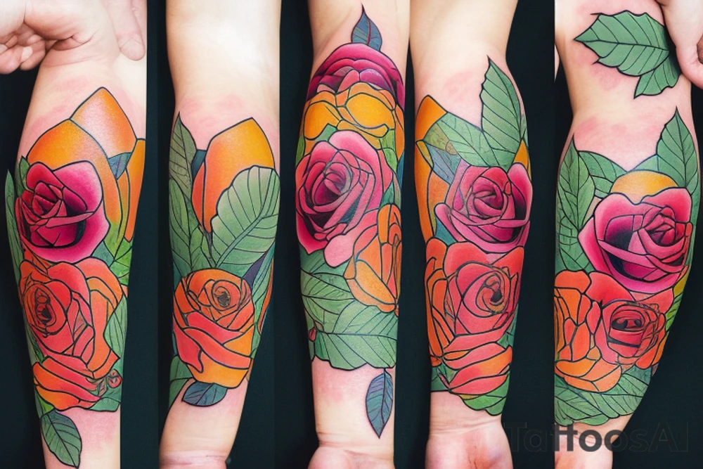 long Florals rose bud with different types of fine vines rainbow tattoo idea