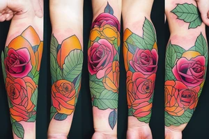 long Florals rose bud with different types of fine vines rainbow tattoo idea