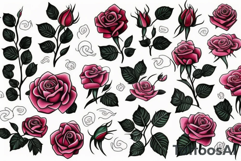 long Florals rose bud with different types of fine vines rainbow tattoo idea