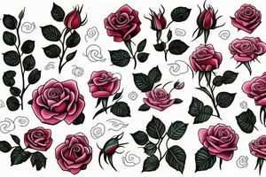 long Florals rose bud with different types of fine vines rainbow tattoo idea