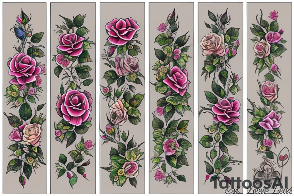 long Florals rose bud with different types of fine vines rainbow tattoo idea
