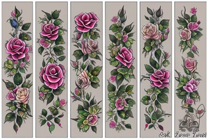 long Florals rose bud with different types of fine vines rainbow tattoo idea