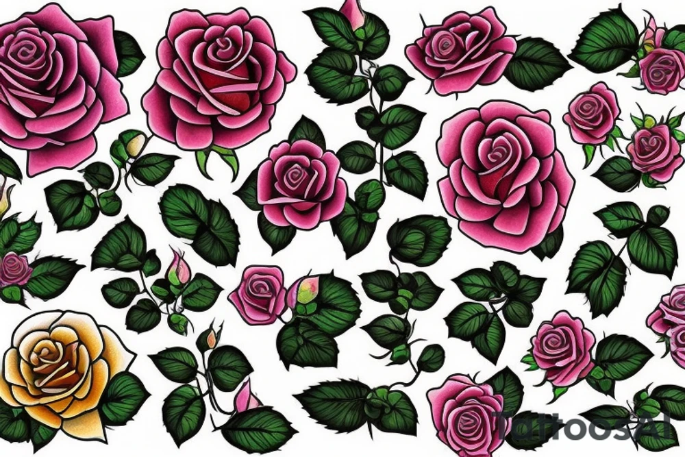long Florals rose bud with different types of fine vines rainbow tattoo idea