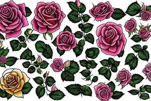long Florals rose bud with different types of fine vines rainbow tattoo idea