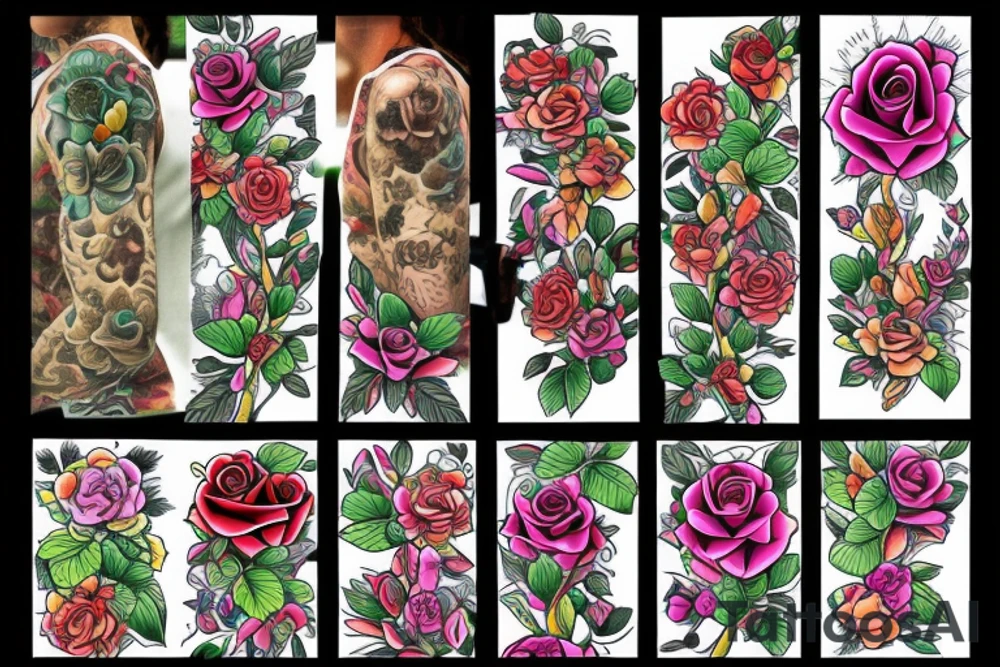 Florals rose bud with different types of fine vines rainbow tattoo idea