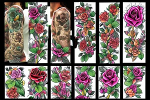 Florals rose bud with different types of fine vines rainbow tattoo idea