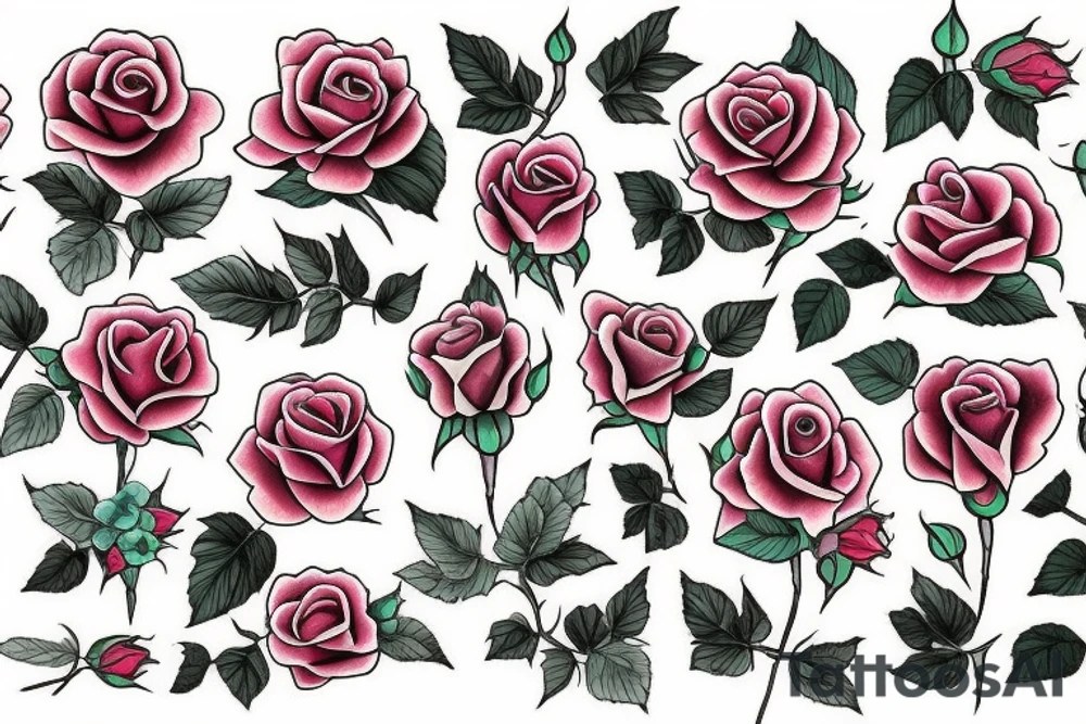 Florals rose bud with different types of fine vines rainbow tattoo idea