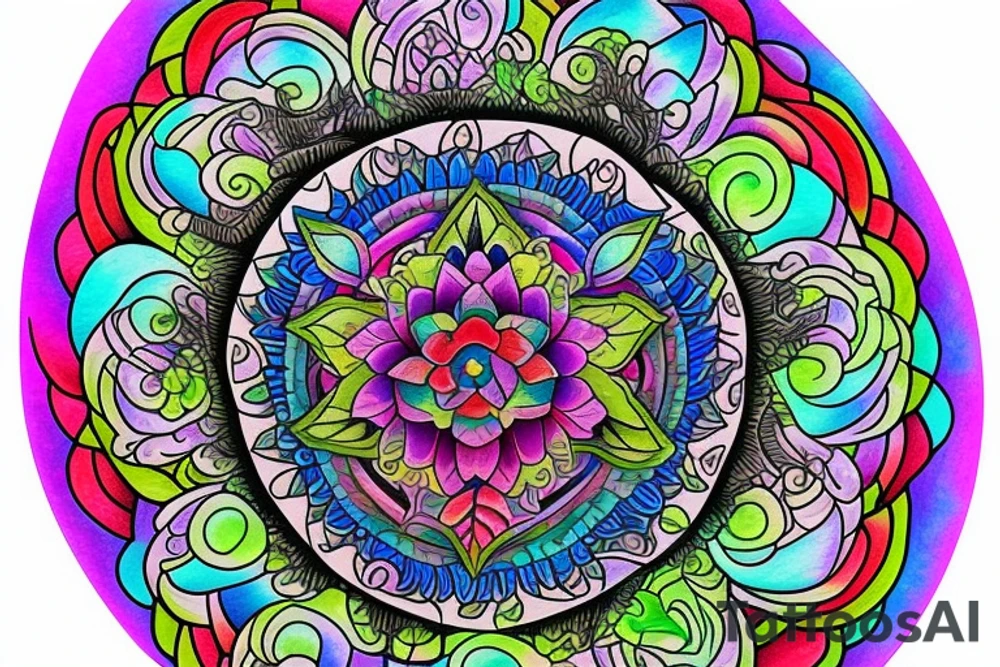 Florals rose bud with different types of fine vines rainbow mandala fade tattoo idea