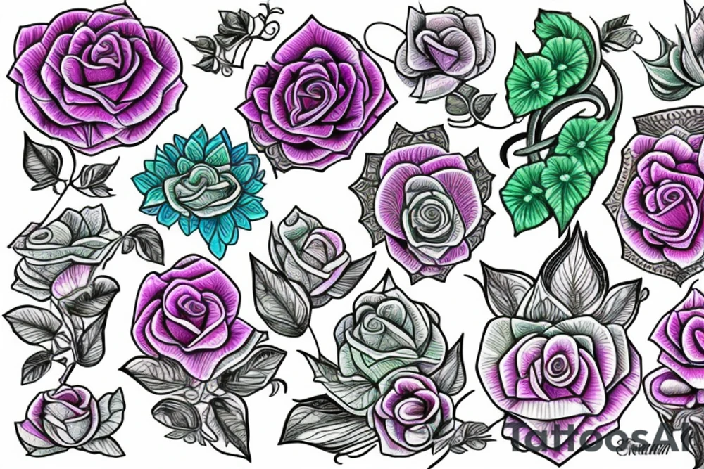 Florals rose bud with different types of fine vines rainbow mandala fade tattoo idea