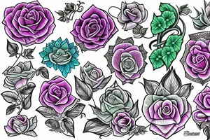 Florals rose bud with different types of fine vines rainbow mandala fade tattoo idea
