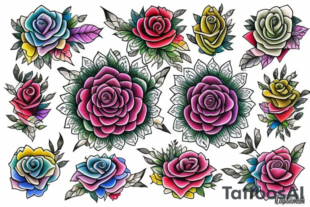 Florals rose bud with different types of fine vines rainbow mandala fade tattoo idea