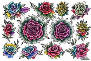 Florals rose bud with different types of fine vines rainbow mandala fade tattoo idea