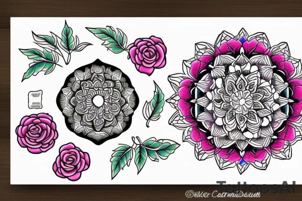 Florals rose bud with different types of fine vines rainbow mandala fade tattoo idea