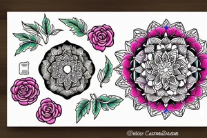 Florals rose bud with different types of fine vines rainbow mandala fade tattoo idea