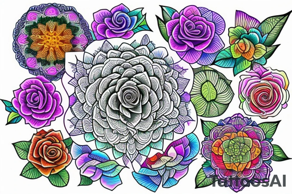 Florals rose bud with different types of fine vines rainbow mandala fade tattoo idea