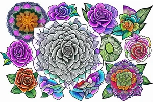 Florals rose bud with different types of fine vines rainbow mandala fade tattoo idea