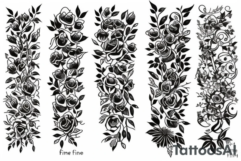 Flowers with different types of fine vines outline tattoo idea