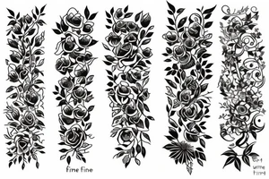 Flowers with different types of fine vines outline tattoo idea