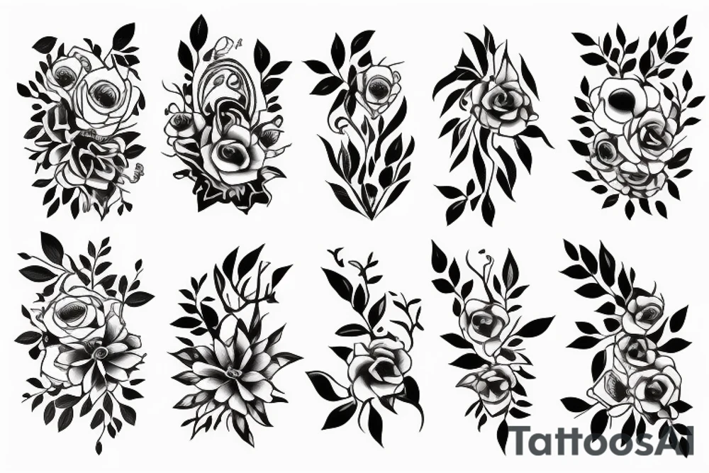Flowers with different types of fine vines outline tattoo idea
