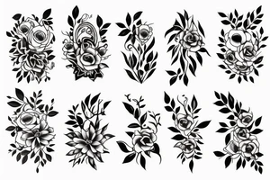 Flowers with different types of fine vines outline tattoo idea