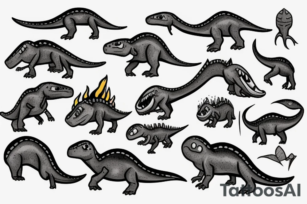 small dinosaur on fire tattoo idea