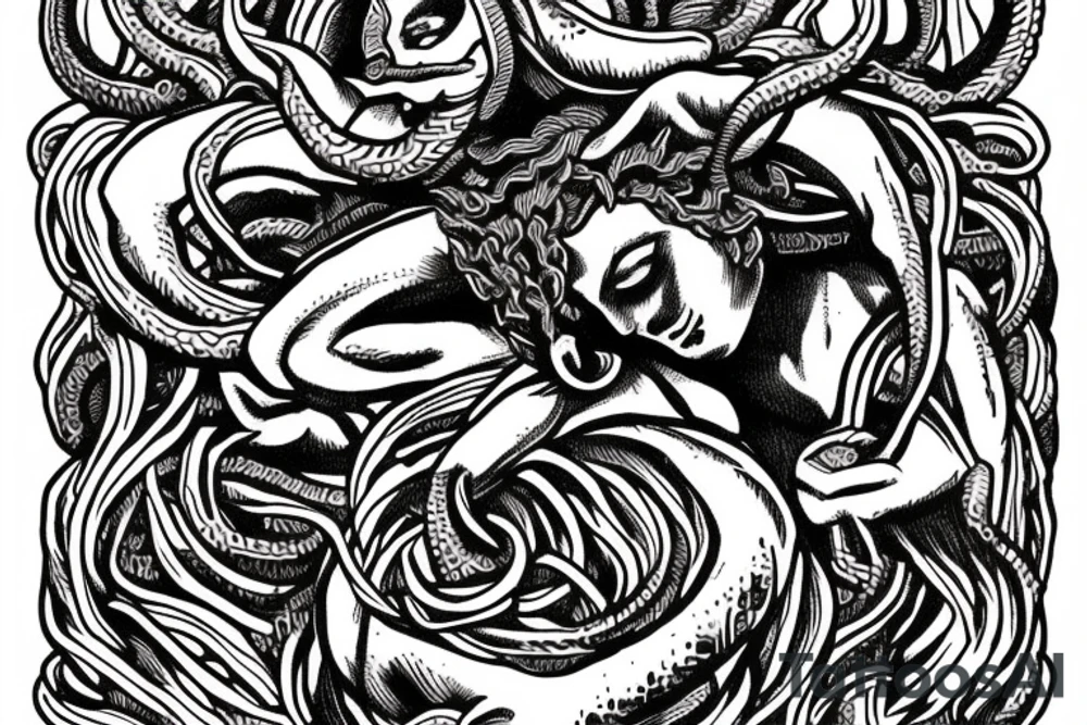 Perseus holding medusa’s head, maze around medusa’s head tattoo idea