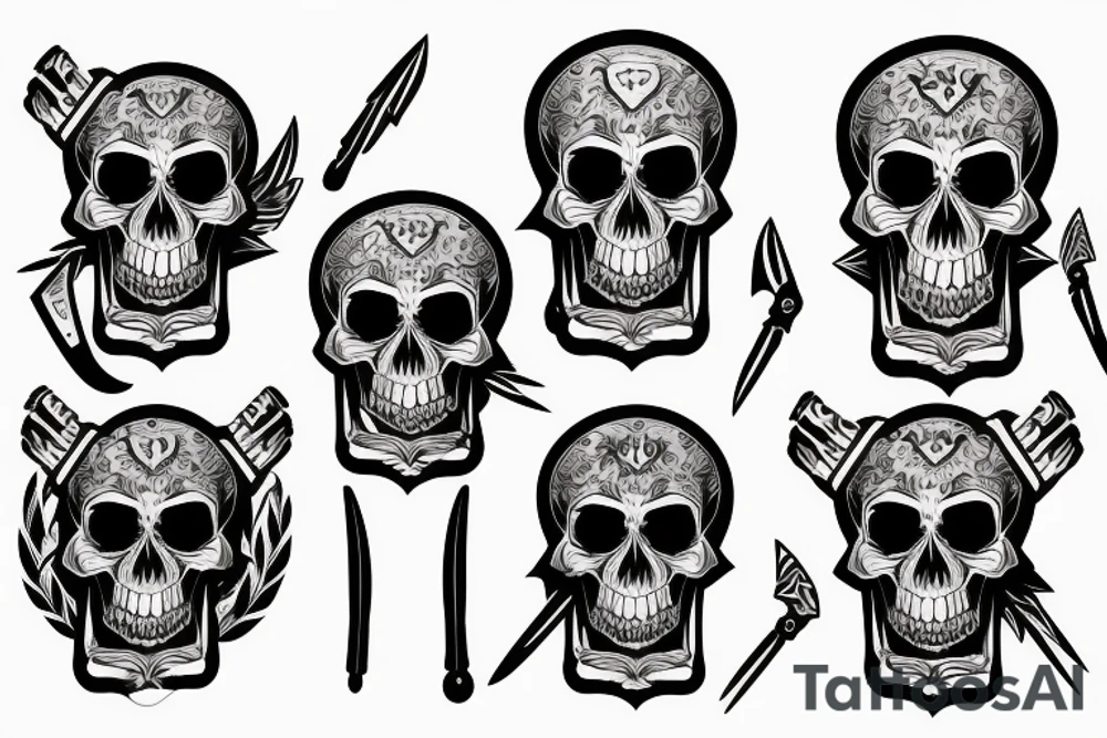 Skull with three knives side by side over it’s head tattoo idea