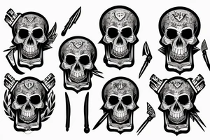 Skull with three knives side by side over it’s head tattoo idea
