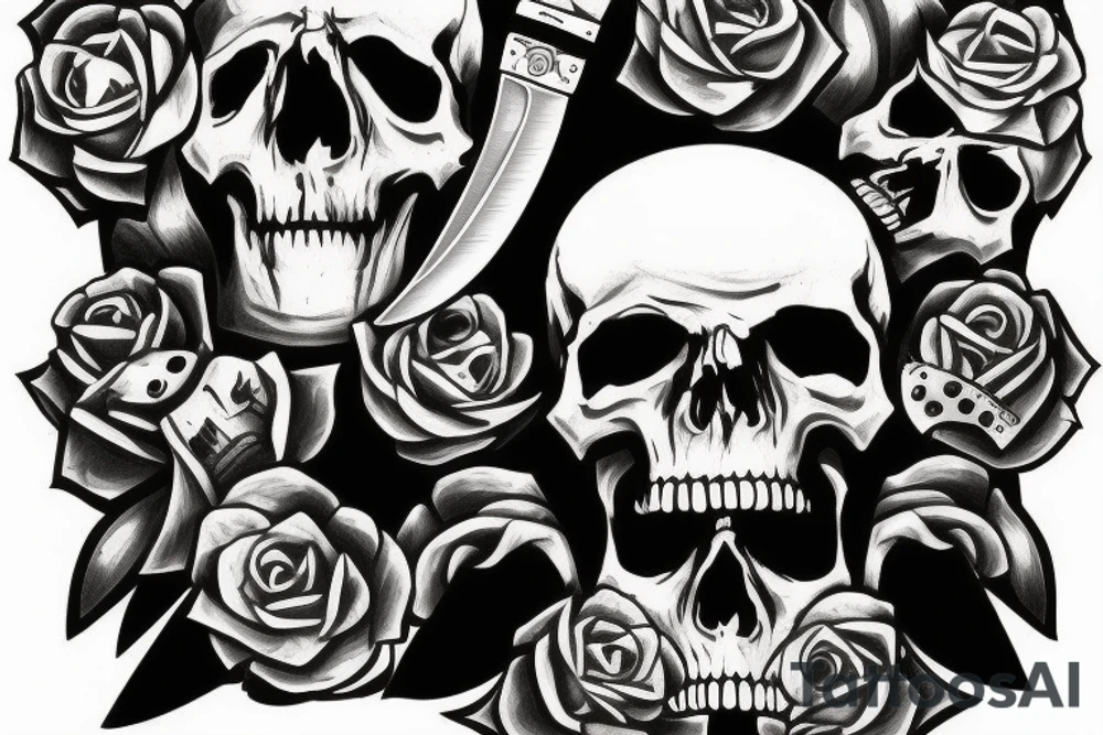 Skull with three knives side by side over it’s head tattoo idea