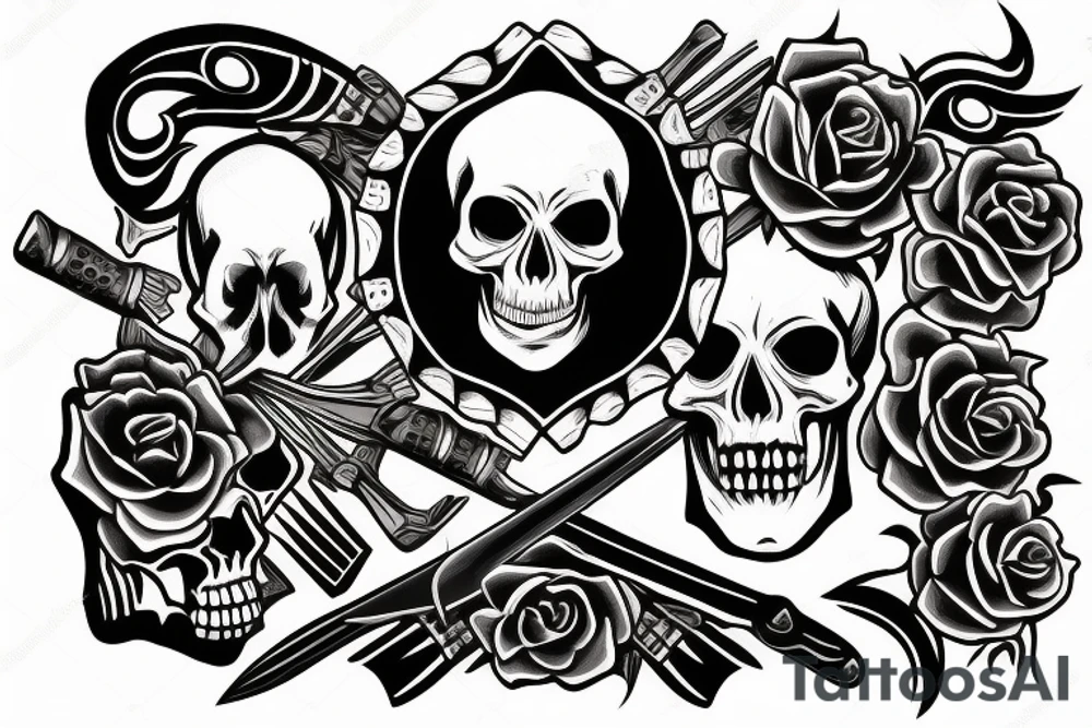 Skull with three knives side by side over it’s head tattoo idea Skull with three knives side by side over it’s head tattoo idea