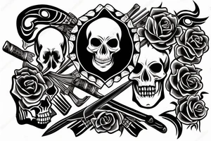 Skull with three knives side by side over it’s head tattoo idea
