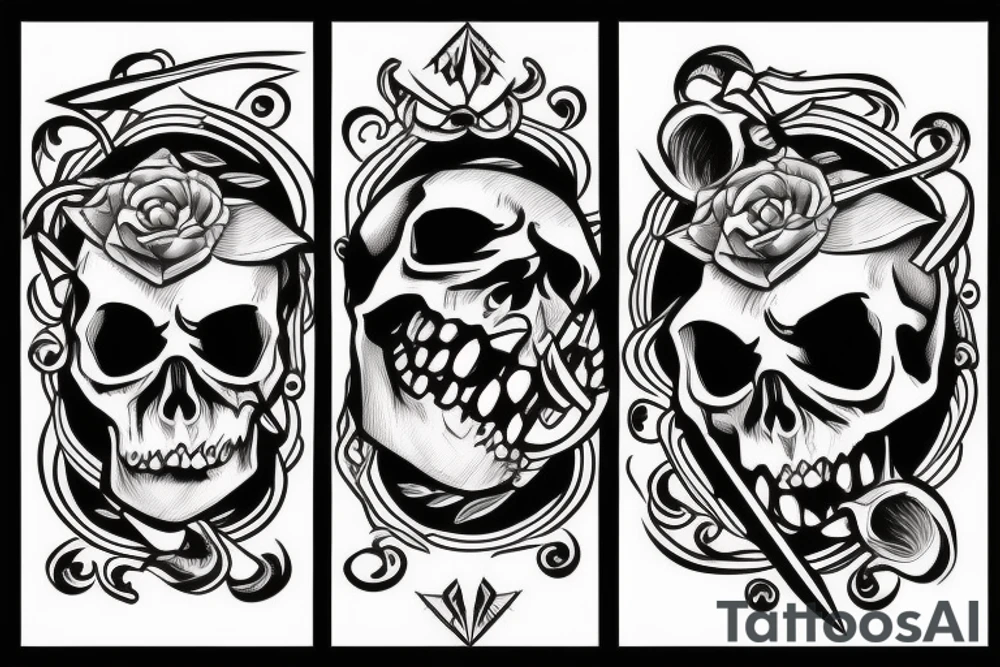 Skull with three knives side by side over it’s head tattoo idea Skull with three knives side by side over it’s head tattoo idea